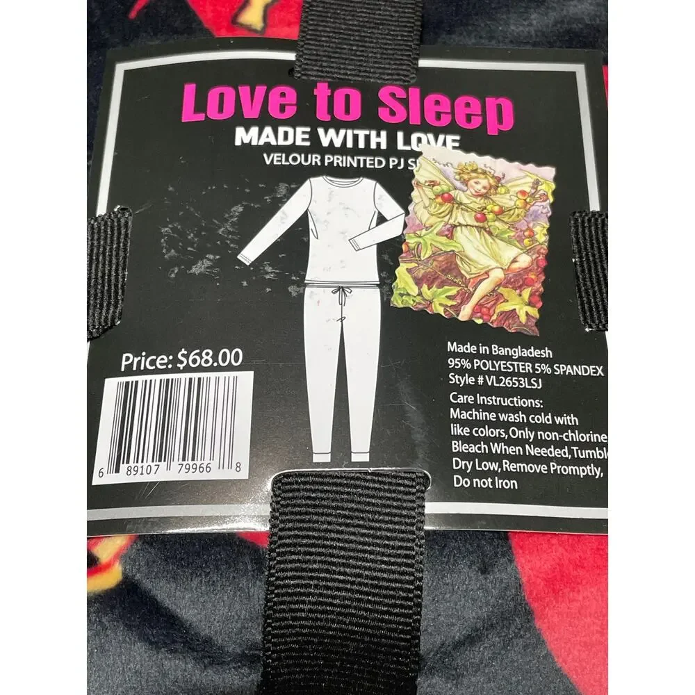 Love To Sleep Velour Black with Printed Hearts Sleepwear size Medium